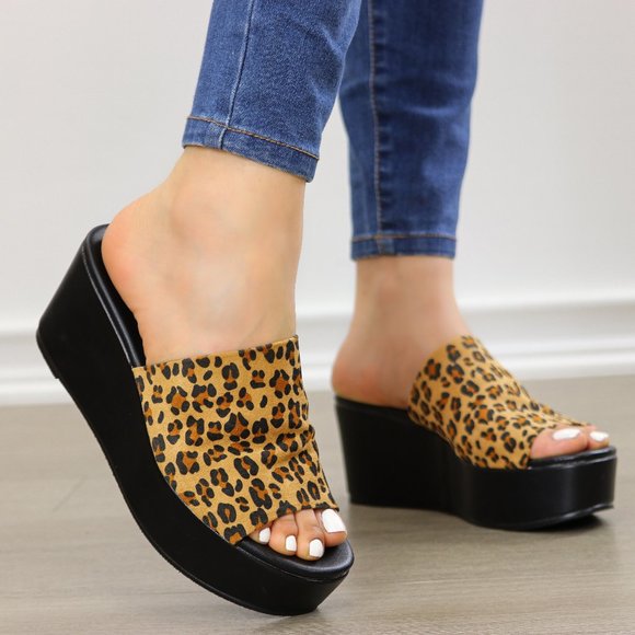 Shoes - Leopard wedge slip on open toe sandal